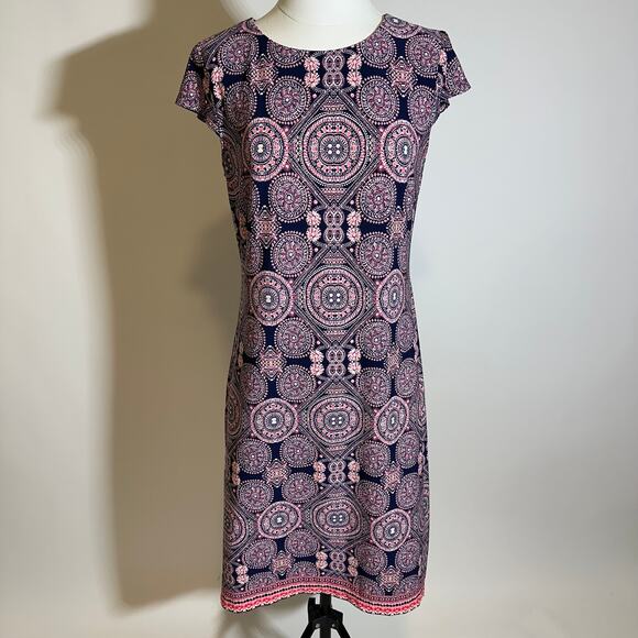 Liz Claiborne Navy Pink Coral Medallion Cap Sleeve Dress Stretch Womens Size 8 - Picture 1 of 8